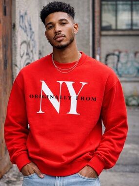 Zara Men’s Red NY Graphic Crewneck Sweatshirt Streetwear Y2K Pullover M